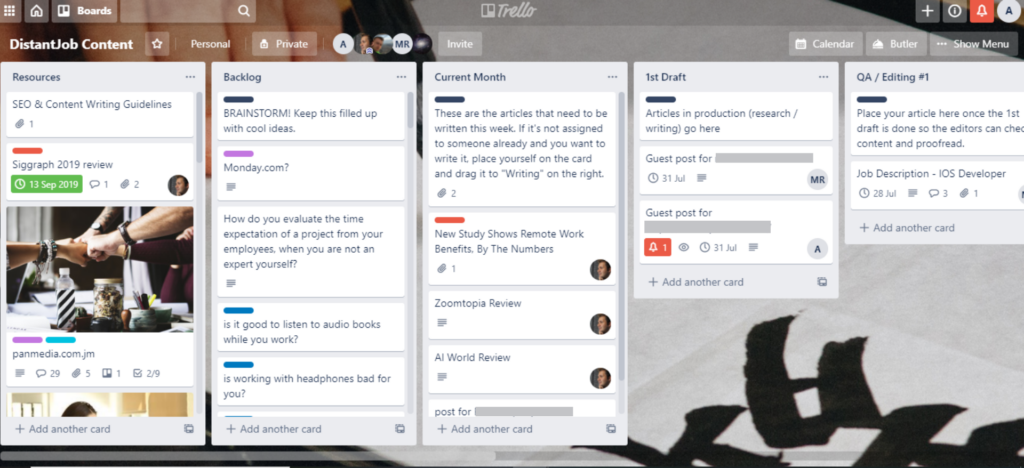 DistantJob's content Trello board