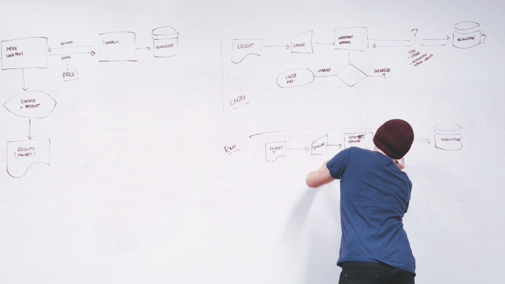 Man writing in a whiteboard. 